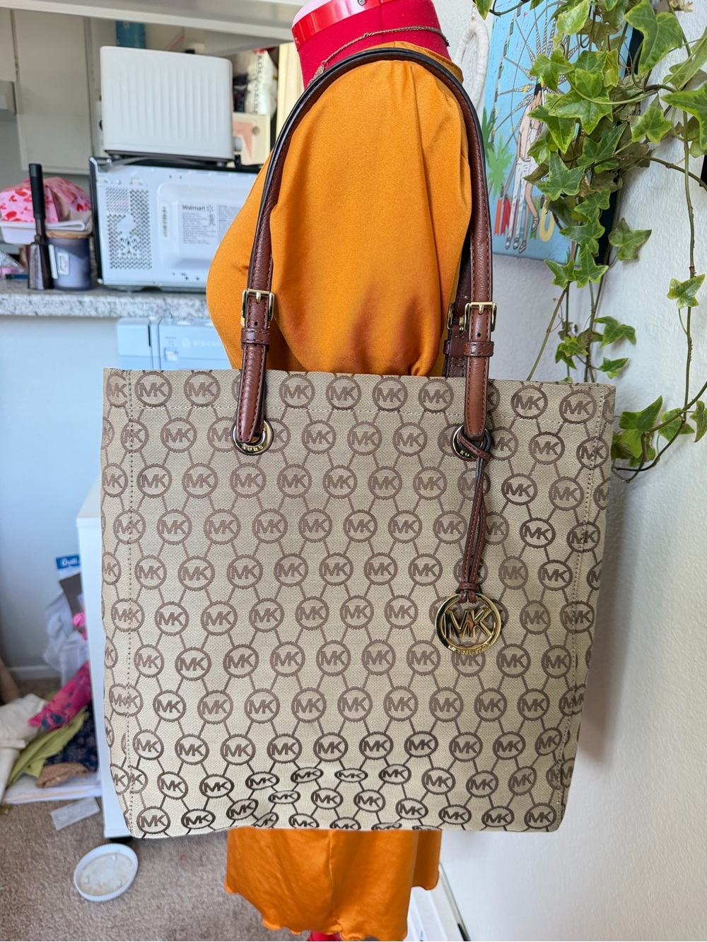 Vintage Michael Kors Beige and Brown MK Signature Tote with Gold Charm